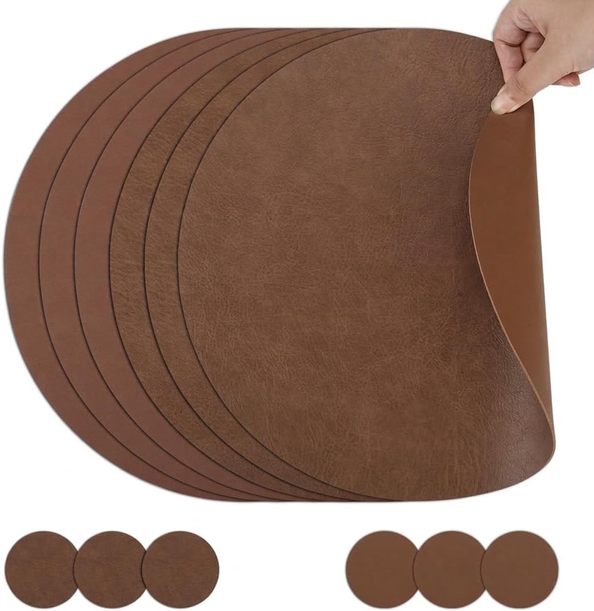 dubbelzijdige bruine ronde placemats en onderzetters set van 6, 33x33 cm anti-slip warmtebestendige PU lederen placemats, waterdichte tafelmatten voor keuken eetkamer feesttafel decoratie