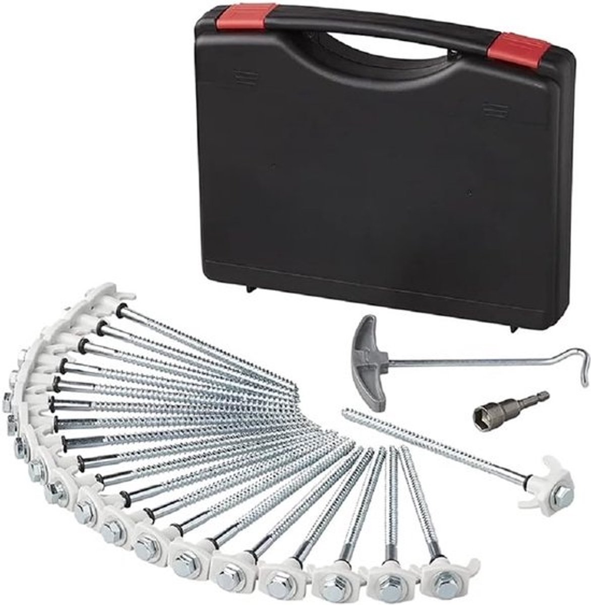 Set tentharingen - 20 stuks - 20 cm - schroefbaar met kunststof haken en adapter - in koffer