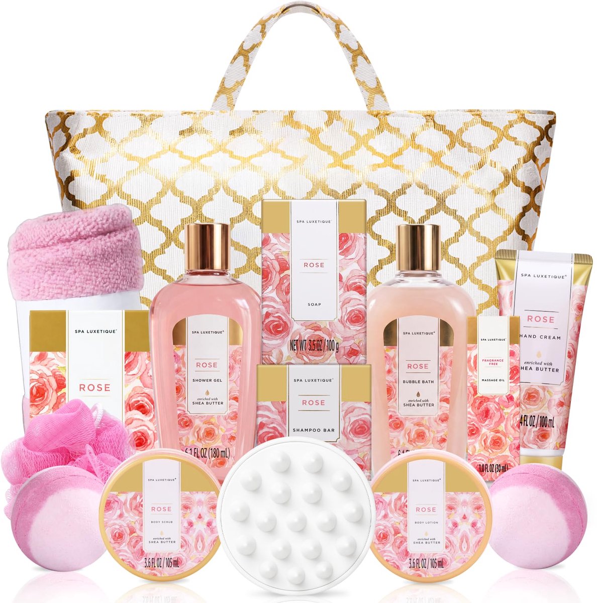 Spa Luxetique - Rose Beauty - XL Wellness Verwenpakket 15-delig - Geschenkset Vrouwen Rozen - Giftset Wellness bath - Verjaardag Cadeau Vrouw, Moeder, Mama, Zus, Vriendin, Oma, Juf - Cadeautje voor haar