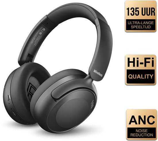 Zwarte draadloze over-ear koptelefoon met 'Wireless' en 'ANC' logo's. Naast de koptelefoon staan iconen met tekst: '135 UUR ULTRA-LANGE SPEELTIJD', 'Hi-Fi QUALITY', 'ANC NOISE REDUCTION'.
