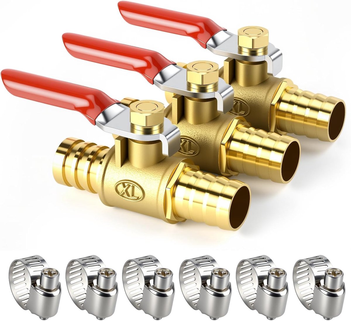 Bwintech 3 Pcs 12mm Brass Barb Ball Valve With 6 Pcs Clamps, Air Gas Fuel Line Shut Off 180 Degree Control Handle - ShopVlot