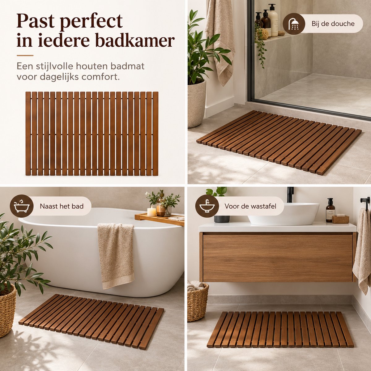 Houten Douchemat 40 x 60 cm – Oprolbare Badmat van Hout – Donkerbruin – Houten Badkamermat voor Douche & Badkamer – Donker Bruin — cadeau in Wonen & Interieur - foto 4