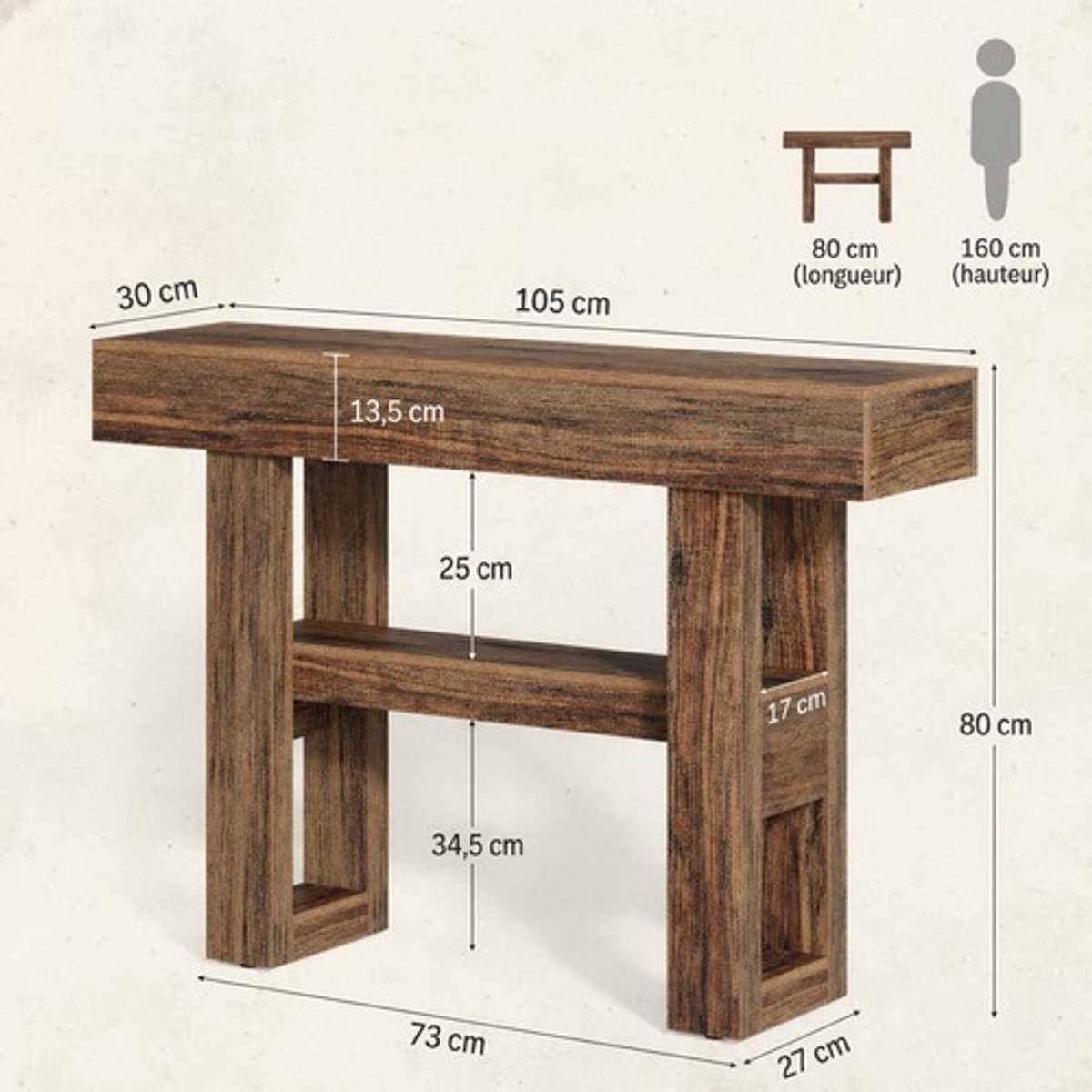 MODFU Sidetable - 2 Etages - Landelijke Stijl - MDF - Bruin - 105 X 30 X 80 Cm