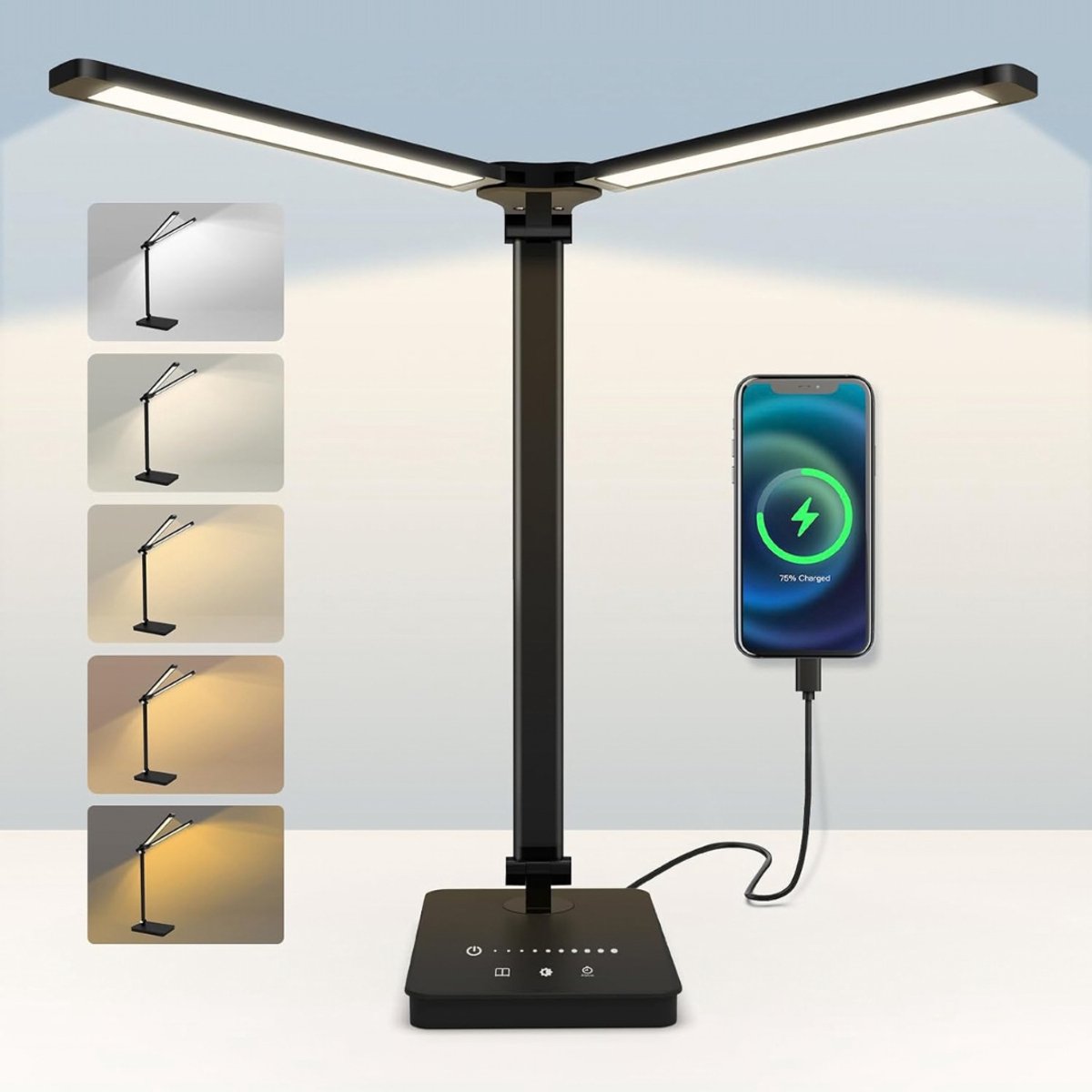 Levo® Bureaulamp led dimbaar daglicht - USB oplaadbaar - 5 kleurenfuncties - Zwart - 42cm x 13cm x 5cm