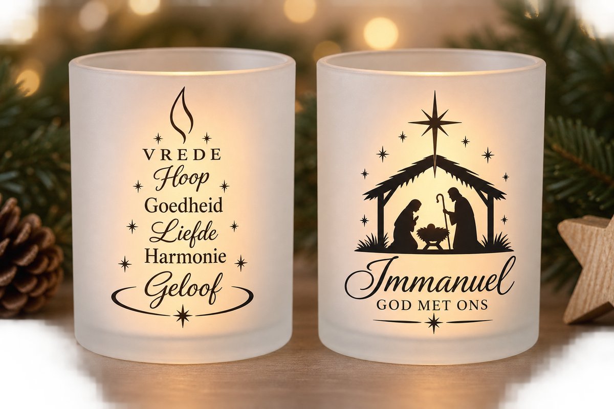Waxinelichthouders Kerst - Kerst decoratie - Immanuel God met ons - Vrede Hoop Geloof - Christelijk Kerstcadeau - Woondecoratie - Bijbel - Sfeerverlichting - Waxinelichtjes - Betekenisvol kerst cadeau - Bemoediging -
