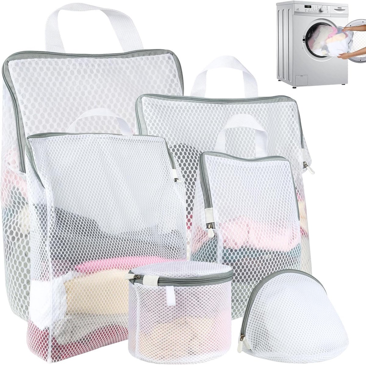 Set van 6 Wasnetten voor Wasmachine, 5 Formaten Herbruikbare Waszakken met Rits en Handvatten, Ideaal voor Kleding, Ondergoed en Babykleding