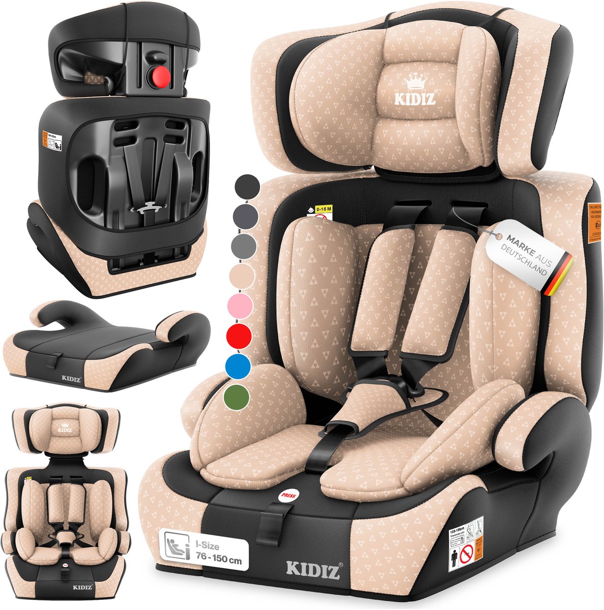 KIDIZ® Autostoeltje i-Size R129 - groep 1/2/3 van 9 tot 36 kg - 5-puntsgordel - antraciet