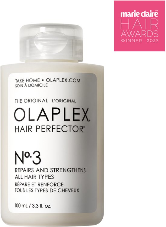 Olaplex Hair Perfector No. 3 haarmasker, 100 ml, met een witte fles en een roze "Marie Claire Hair Awards Winner 2023" sticker.