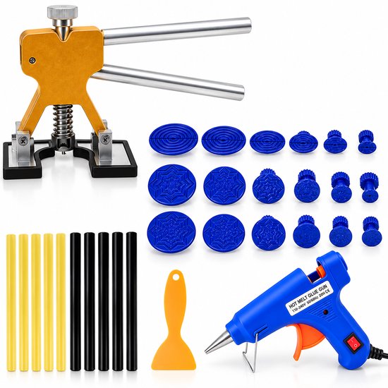 Gele deukentrekker met brug, 18 blauwe verwisselbare adapters, 10 lijmstiften (geel en zwart), oranje spatel en blauw lijmpistool, geïsoleerd op witte achtergrond.
