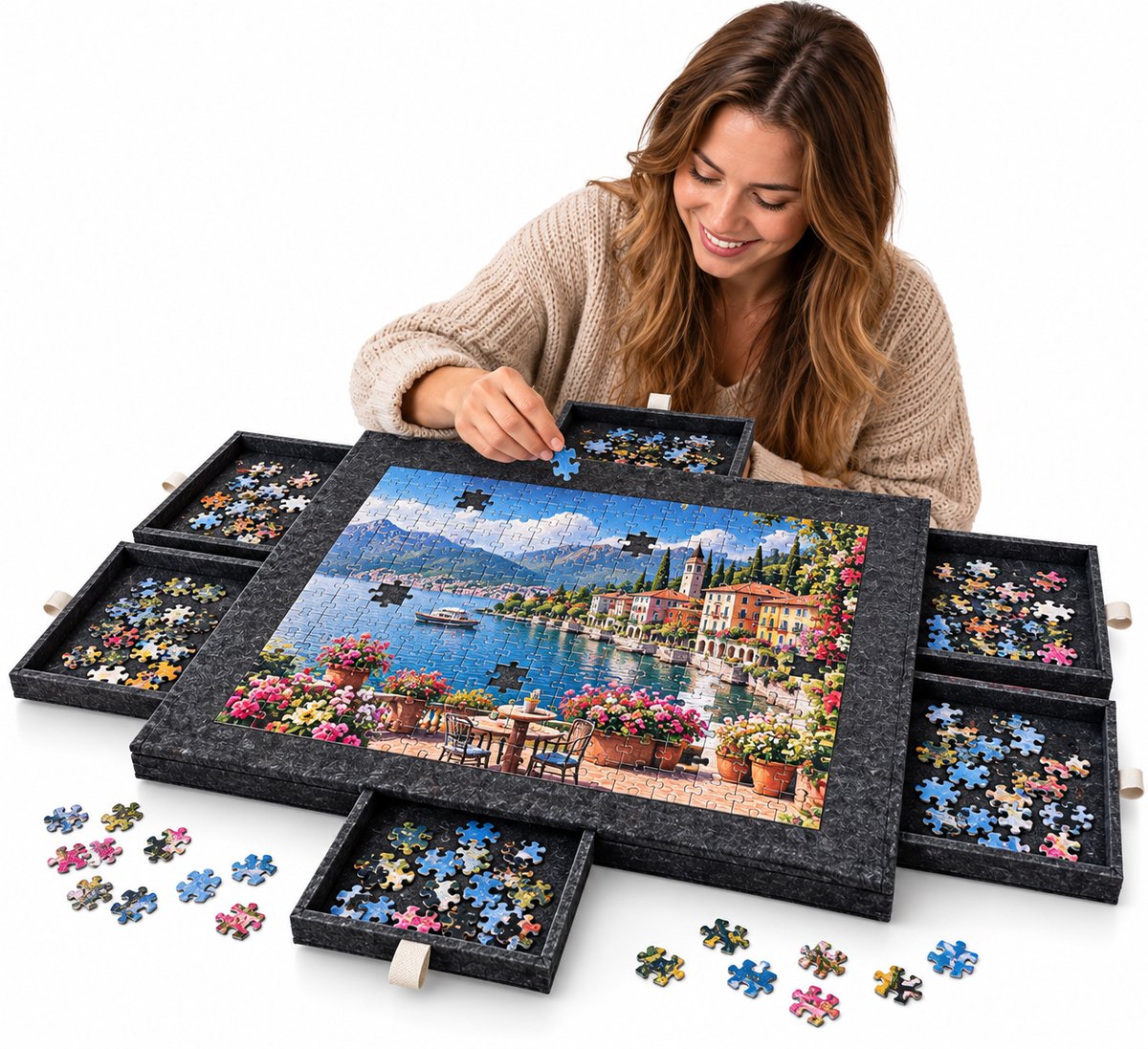 Currero Puzzeltafel Met Lades 1000 Stukjes - Puzzelbord - Puzzelmat - Opbergsysteem - Vilt - Met Deksel - Legpuzzel Accessoires - 1000 Pcs Zwart
