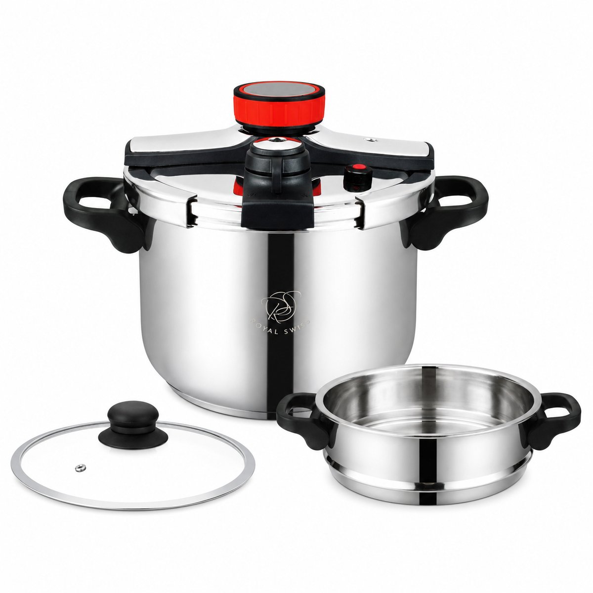 slowcooker – snelkookpan 10Liter – snelkookpan inductie – Pressure Cooker – stoommandje en Glazen Deksel Royal Swiss®