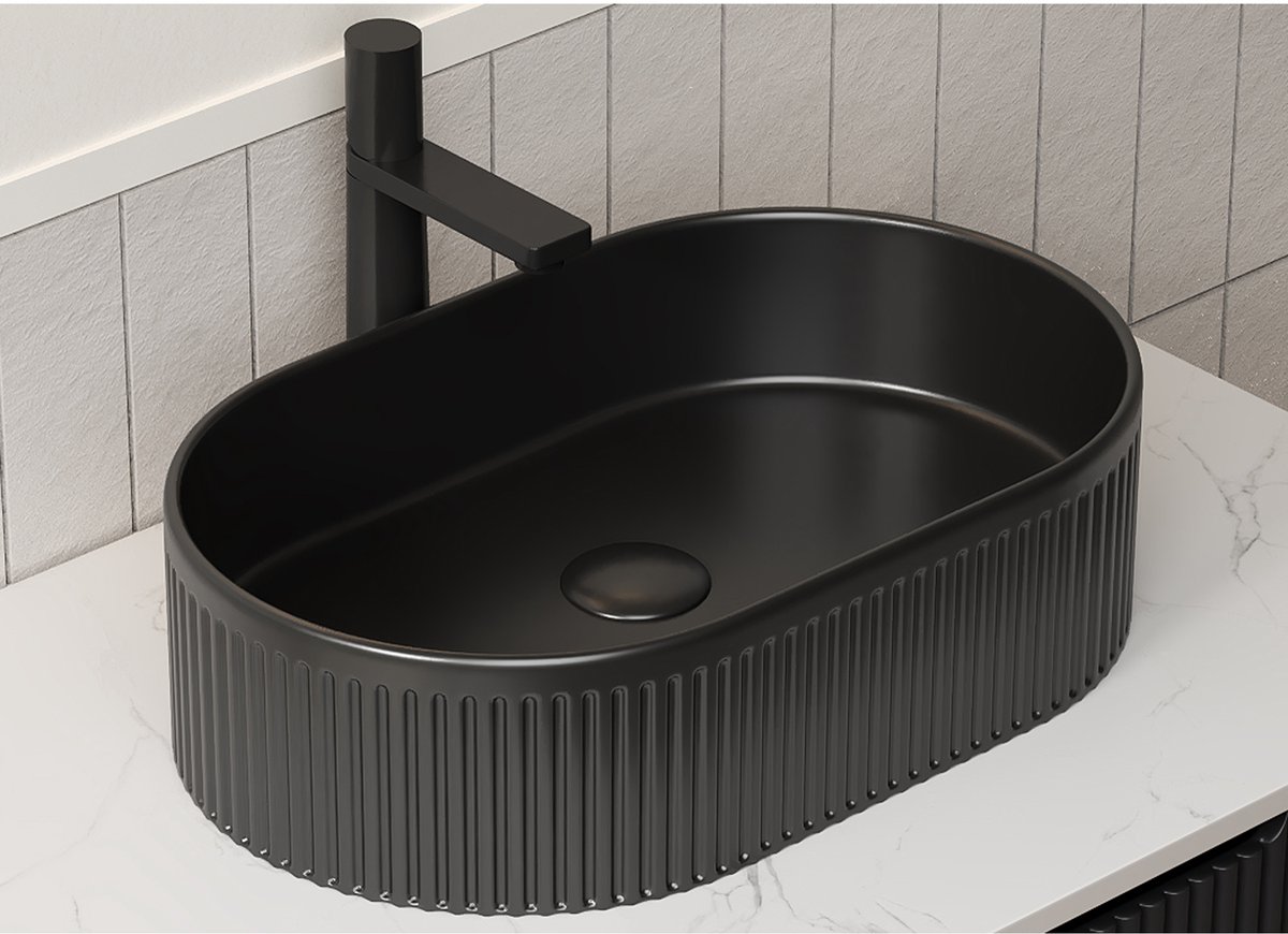 Waskom - Gestreept - 49 cm Breed - Keramiek - Mat Zwart - Opbouwmontage Met Kraangat - Voor Badkamer