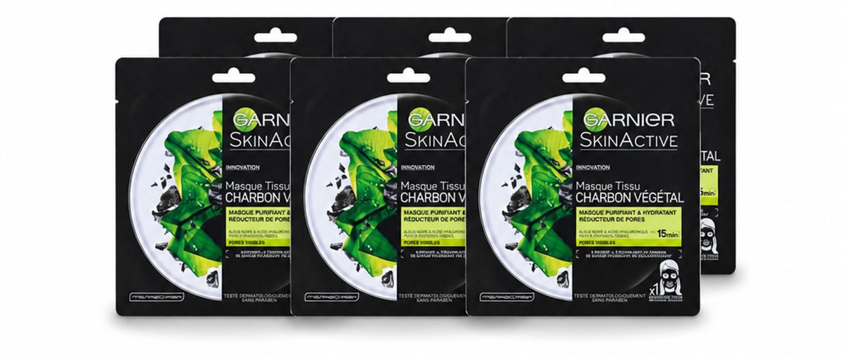 6 x Garnier - SkinActive - Tissue Masker - Charcoal - 1 Gezichtsmasker - Voordeelverpakking - 6 stuks