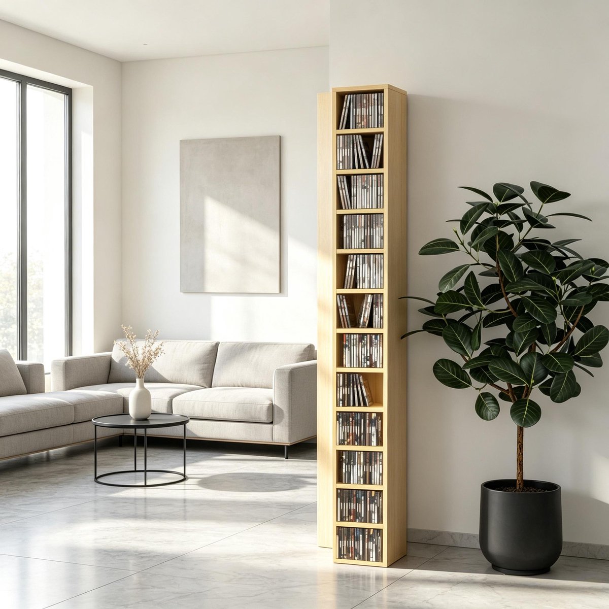 REDOM - CD/DVD-opbergkast - 204 CD's/DVD's - 12 niveaus - Smal hoekdesign - Wandbevestiging - MDF en spaanplaat - Natuurlijk hout - 21 x 20 x 175 cm