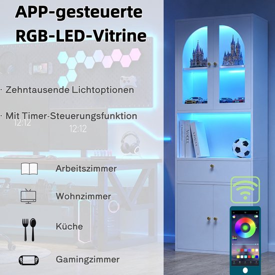 DESMIU Vitrinekast - RGB Ledverlichting Via App - Boogdeuren Voor Woonkamer En Kantoor - MDF En Glas - 70x35x180 Cm - Wit — afbeelding 5