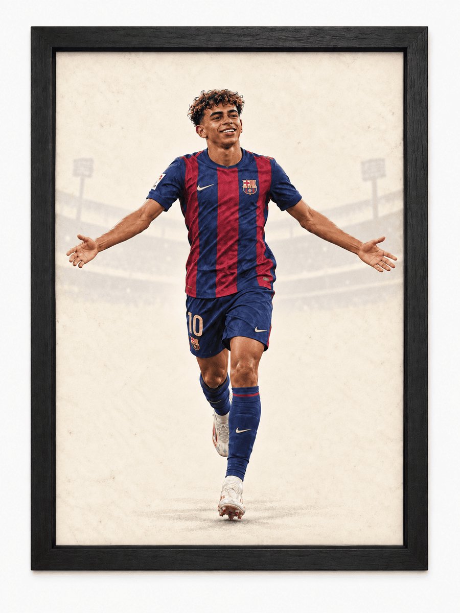 Lamine Yamal Vintage Poster | Retro Voetbal Art | FC Barcelona | Inclusief Zwarte A3 Lijst