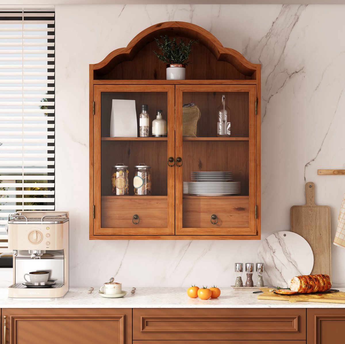 DESMIU Wandkast - Houten Wandkast Met Glazen Deuren En Laden - Voor Keuken Badkamer Eetkamer En Woonkamer - Bruin - 60x22x76,5 Cm