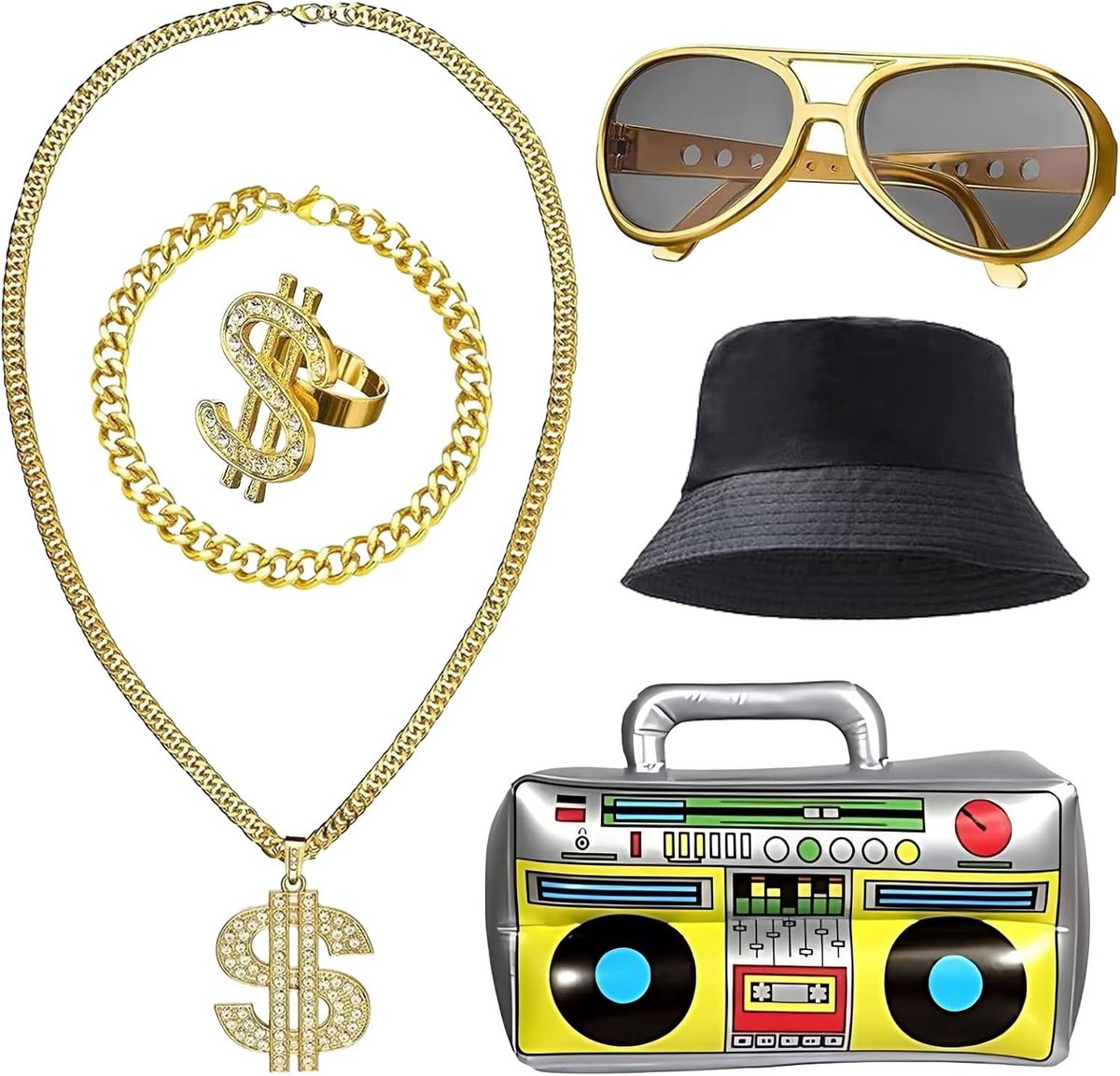 Hip Hop Kostuum Set met Hoed, Dollar Ketting, Ring, Gouden Armband, Zonnebril en Opblaasbare Radio voor Carnavalsfeest en Retro Themafeest 80/90s