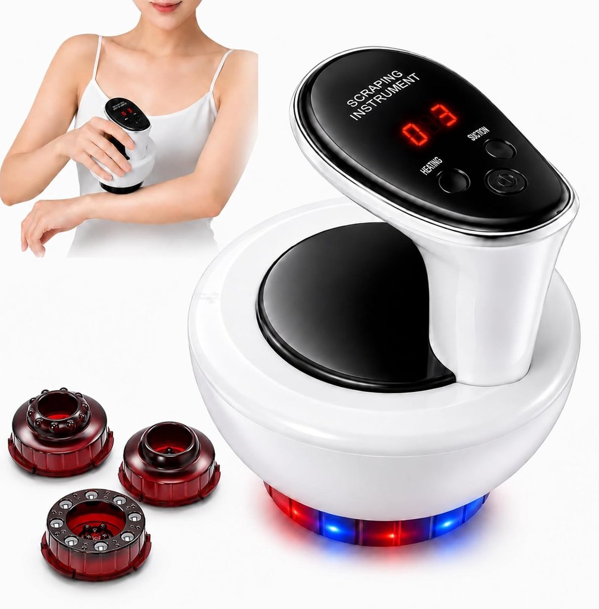4-in-1 Anti-Cellulitis Massager met 15 Zuigkracht en 15 Warmte | Inclusief 3 Massagekoppen en Gua Sha voor Verbeterde Bloedsomloop en Huidversteviging