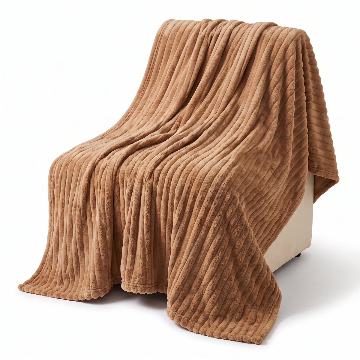Lomera Fleece Deken - Plaid - Fleece Plaid met Ribstof - Woondeken - Knuffeldeken - Bankdeken - Plaid voor Bank - Grand Foulard - Sprei - Camel Beige Plaid - Bruine Deken voor Bed en Woonkamer - Fleece Blanket - Deken voor Bank en Bed