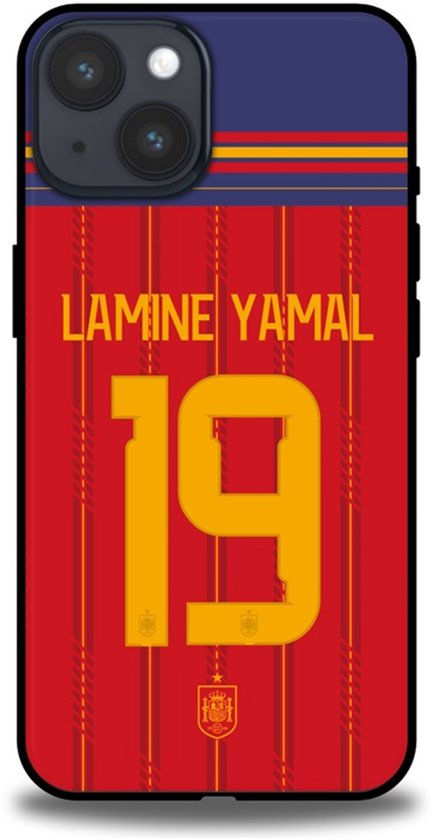 Telefoonhoesje met de tekst 'LAMINE YAMAL 19' op een rood-geel gestreept shirt.