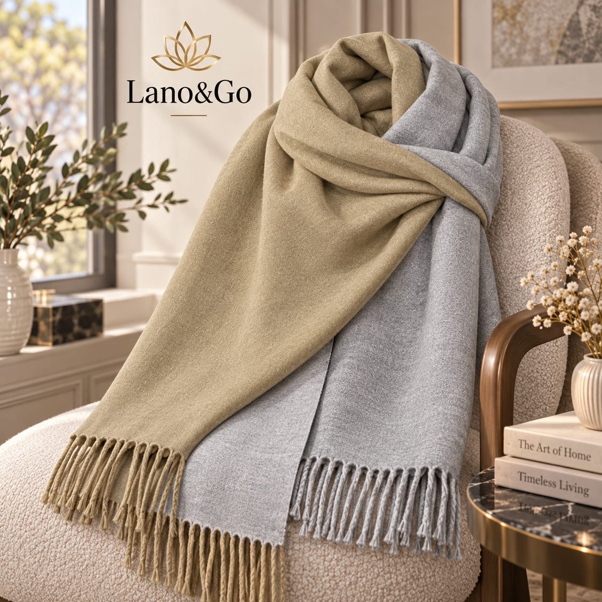 Lano&Go Omkeerbare Sjaal voor Dames - Lange Winterse Sjaal met Kwastjes - Camel/Grijs Kashmir Gevoel