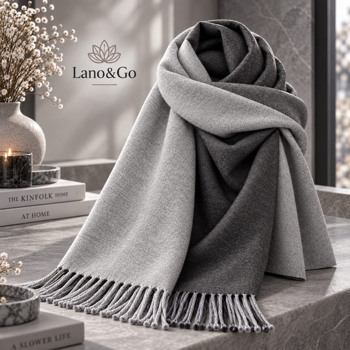 Lano&Go Dames sjaal omkeerbaar met franjes, lange warme sjaal, shawl voor bruiloften en winter