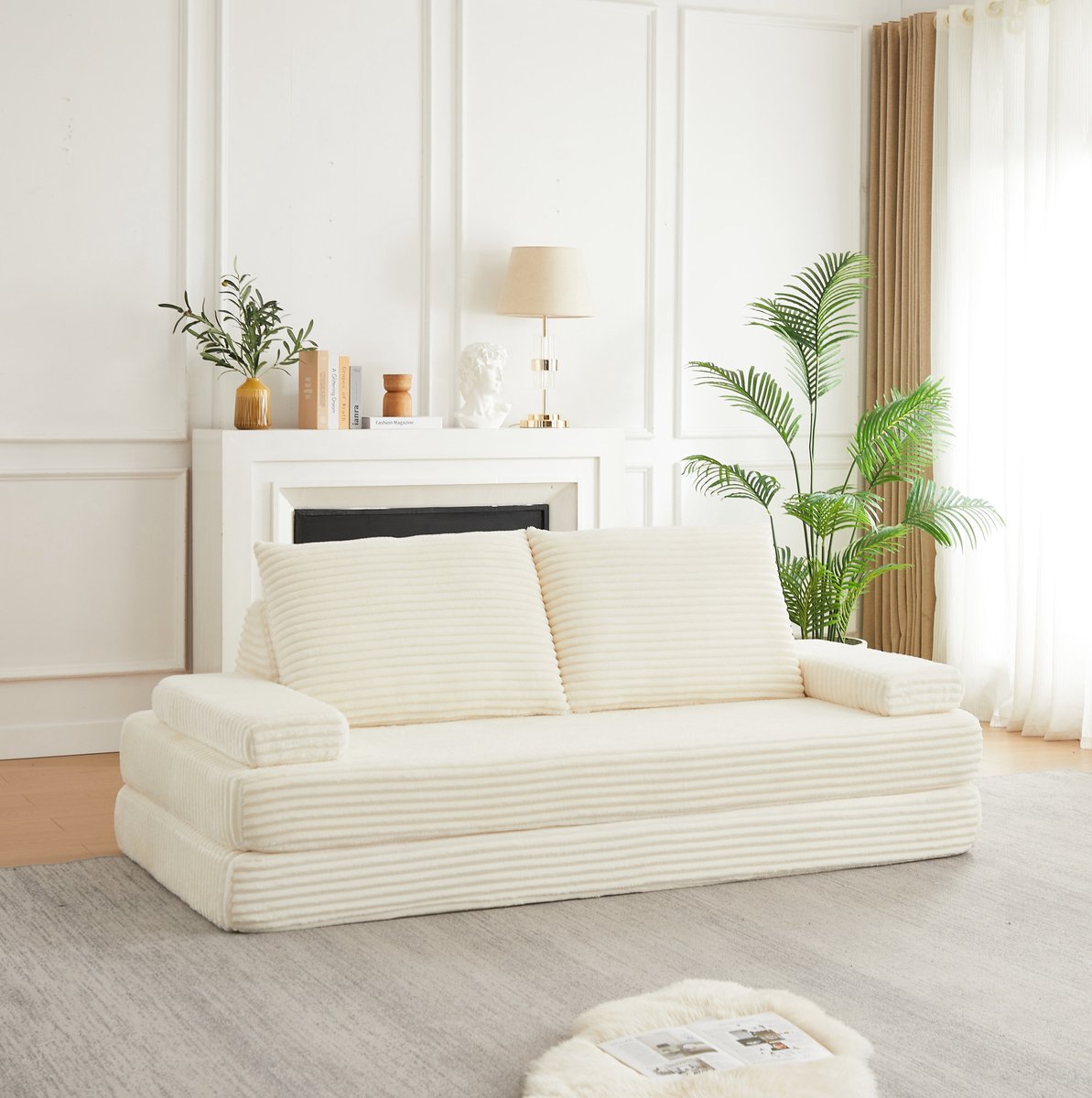 REDOM - Slaapbank - 2-zits - Modulair - Verplaatsbare driehoekige rugleuningen - Verstelbare armleuningen - Modern - Woonkamer en logeerruimte - Corduroy - Beige - 211,5 x 106,5 x 67 cm