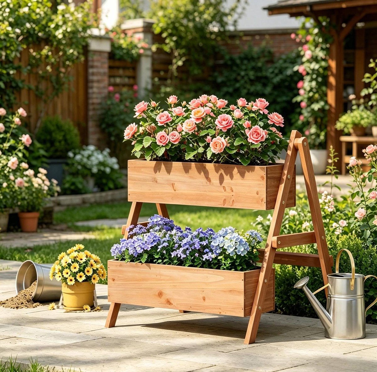 Hochbeet – Stappenmodel – 80 x 62 x 68 cm – Hout – Bruin – 2 Niveaus – Voor Bloemen, Groenten en Kruiden