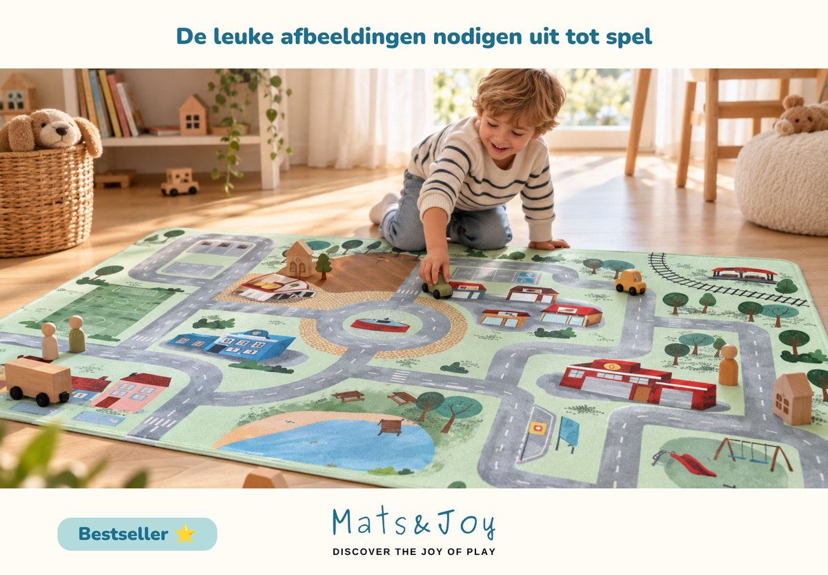 Mats & Joy® Village Auto Speelmat 110x170cm - Fluweelzacht - Anti-slip - Wasbaar - Groot Auto Speeltapijt voor Kinderen - Speelkleed Baby – Autokleed thumbnail 3