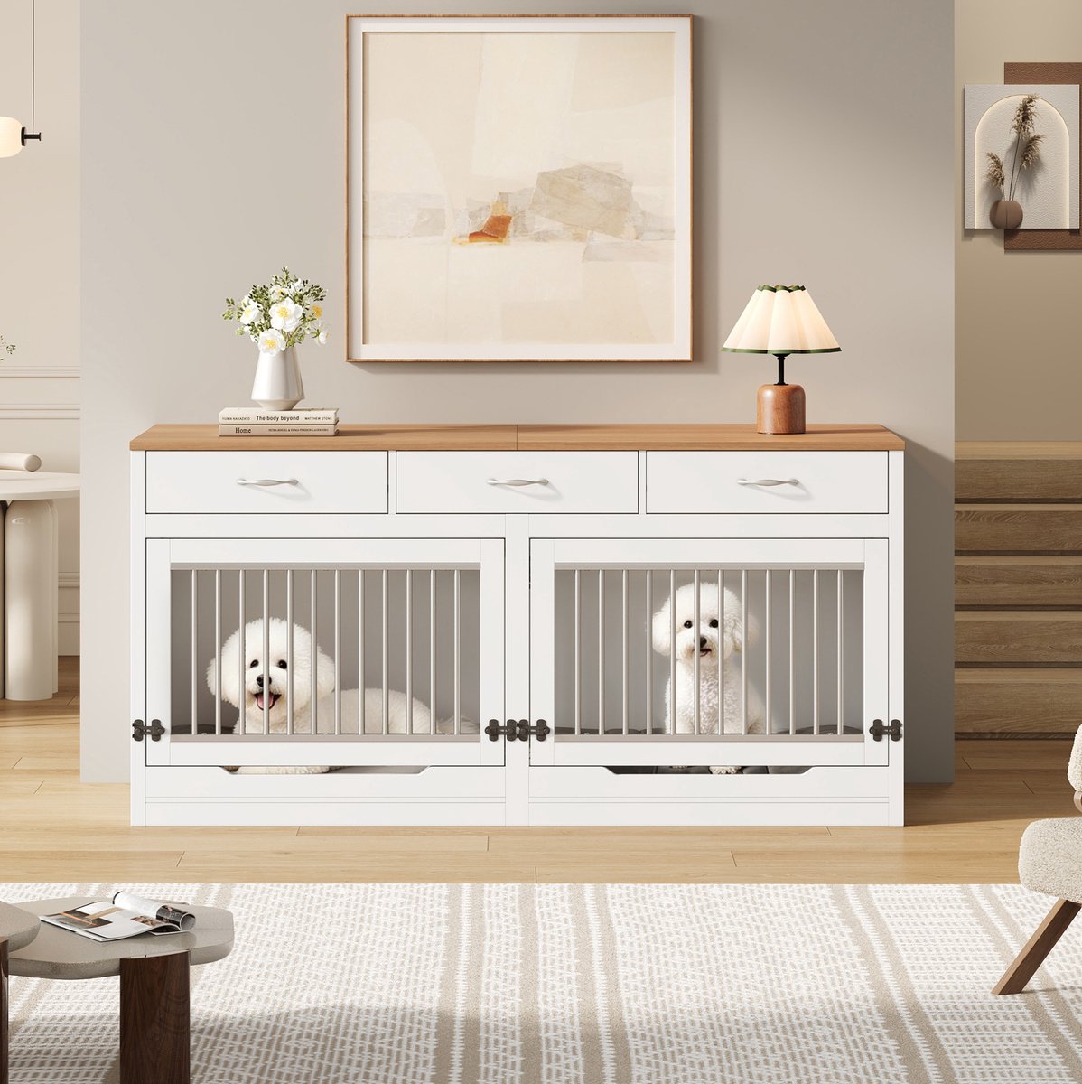 Hondenbench – Hout en metaal – 164 x 60 x 81 cm – 2 honden – Wit met houtlook – 3 lades met slot