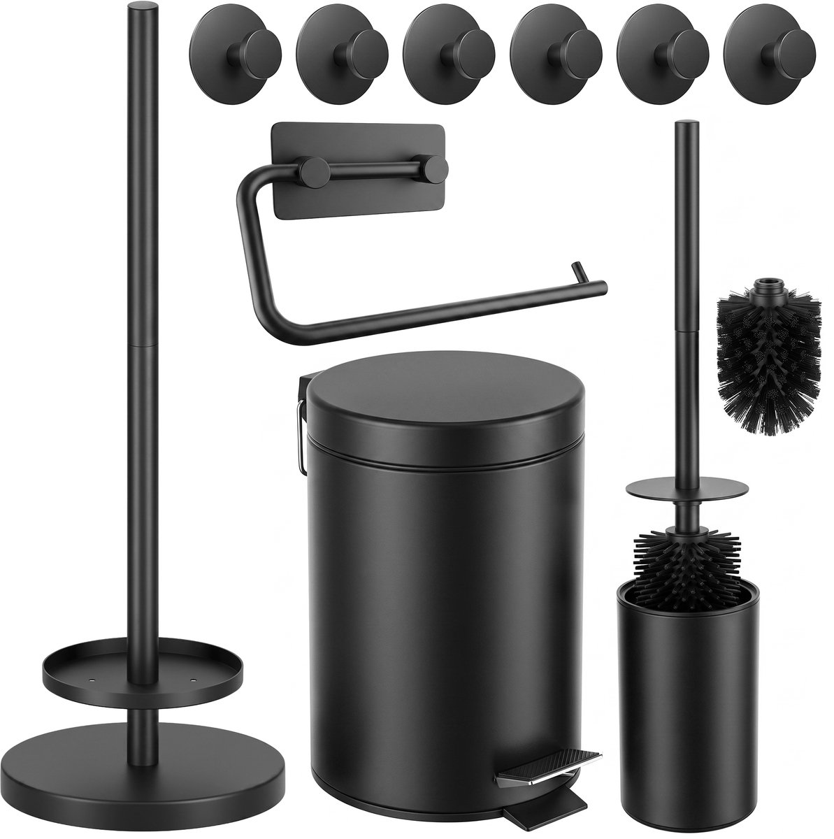 Toiletset Zwart 5-Delig - Toiletrolhouder met Verstelbare Arm & Verhoogde Vrijstaande Toiletrolhouder voor 5 Rollen - Toiletborstelhouder, Pedaalemmer en Handdoekhaakjes - Toiletaccessoireset