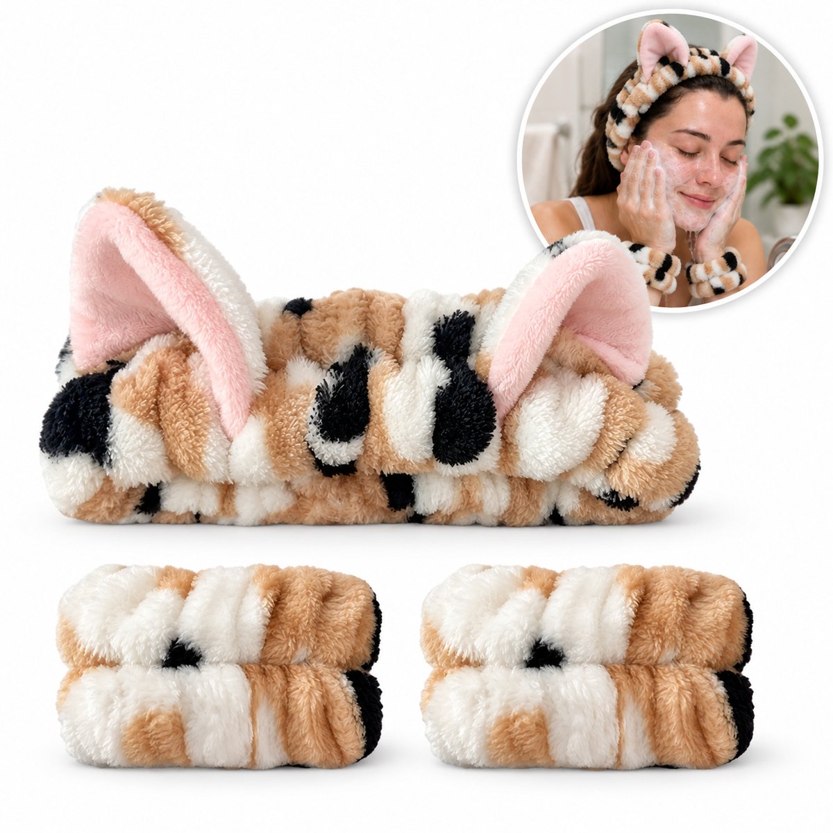 Make-up Haarband en 2 Absorberende Polsbandjes - Kat Mix – Skincare Set voor Gezichtsreiniging – Cosplay - Carnaval Verkleedaccessoire
