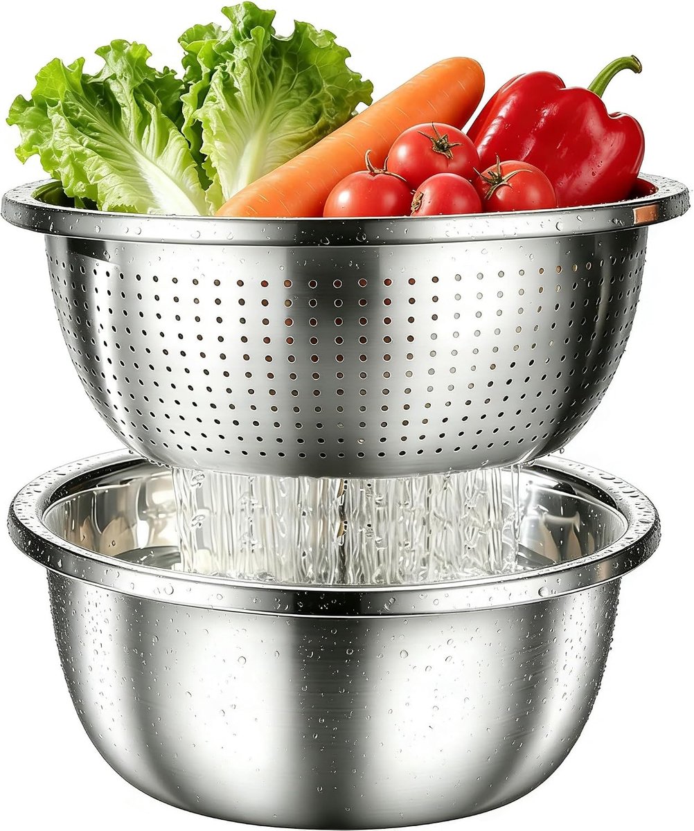 RVS mengkom & vergiet 2-in-1 – 304 staal, vaatwasserbestendig, nestbaar ontwerp,Keuken set voor afgieten, mengen en serveren – 24 cm – eenvoudig schoon te maken