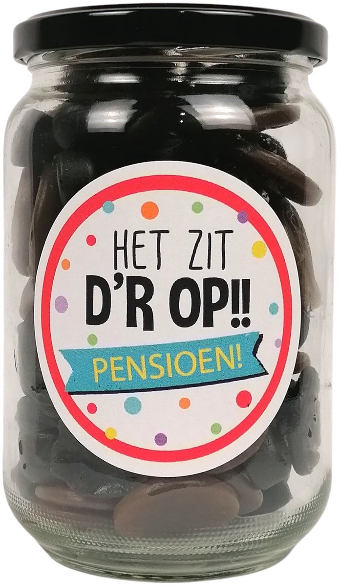 Pensioen Cadeau - Snoeppot "Het zit d'rop" (450g Drop) - Afscheid Collega & Pensioen Verrassing - Glazen Pot met Drop - Origineel Bedankt Cadeau