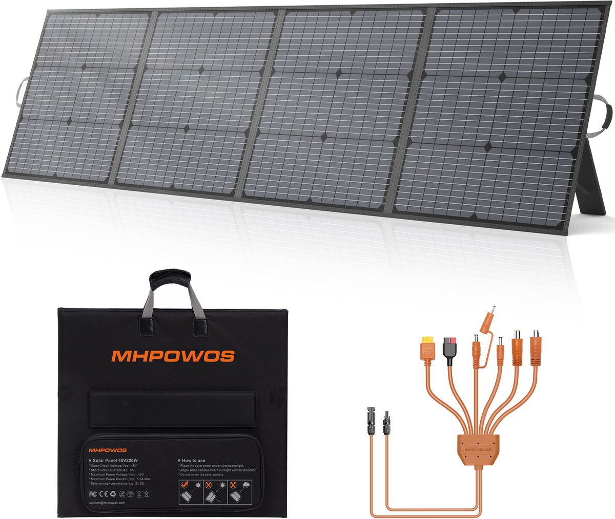 MHPOWOS 220W Opvouwbaar Zonnepaneel, Monokristallijn ETFE, IP67 Waterdicht met steunen, voor draagbare krachtstations, camper en kamperen