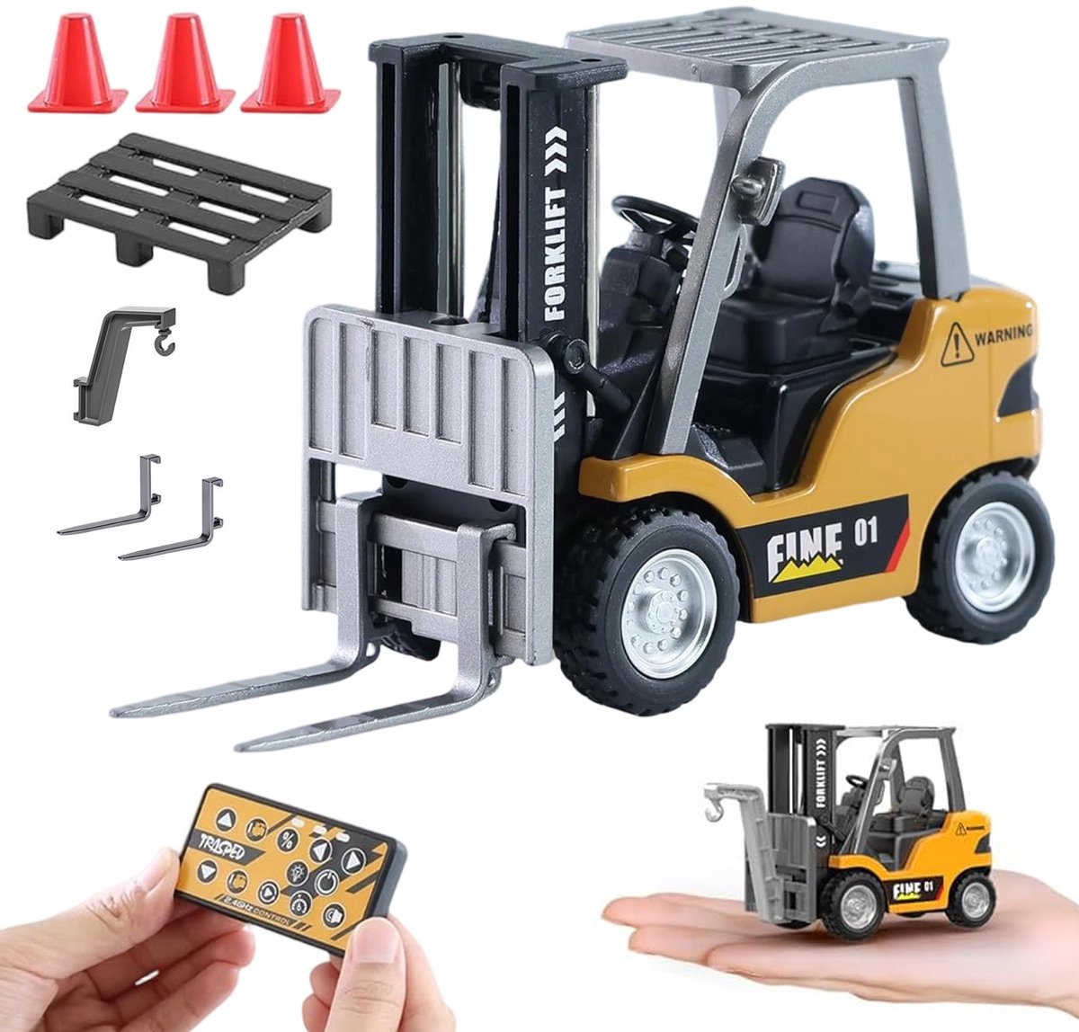 Bruine RC Speelgoedheftruck - Afstandsbedienbare Heftruck en Kraan 2-in-1 - Gegoten Metalen Vork - 2,4GHz Afstandsbediening - Licht- en Geluidseffecten - Voor Bouwspel Binnen en Buiten