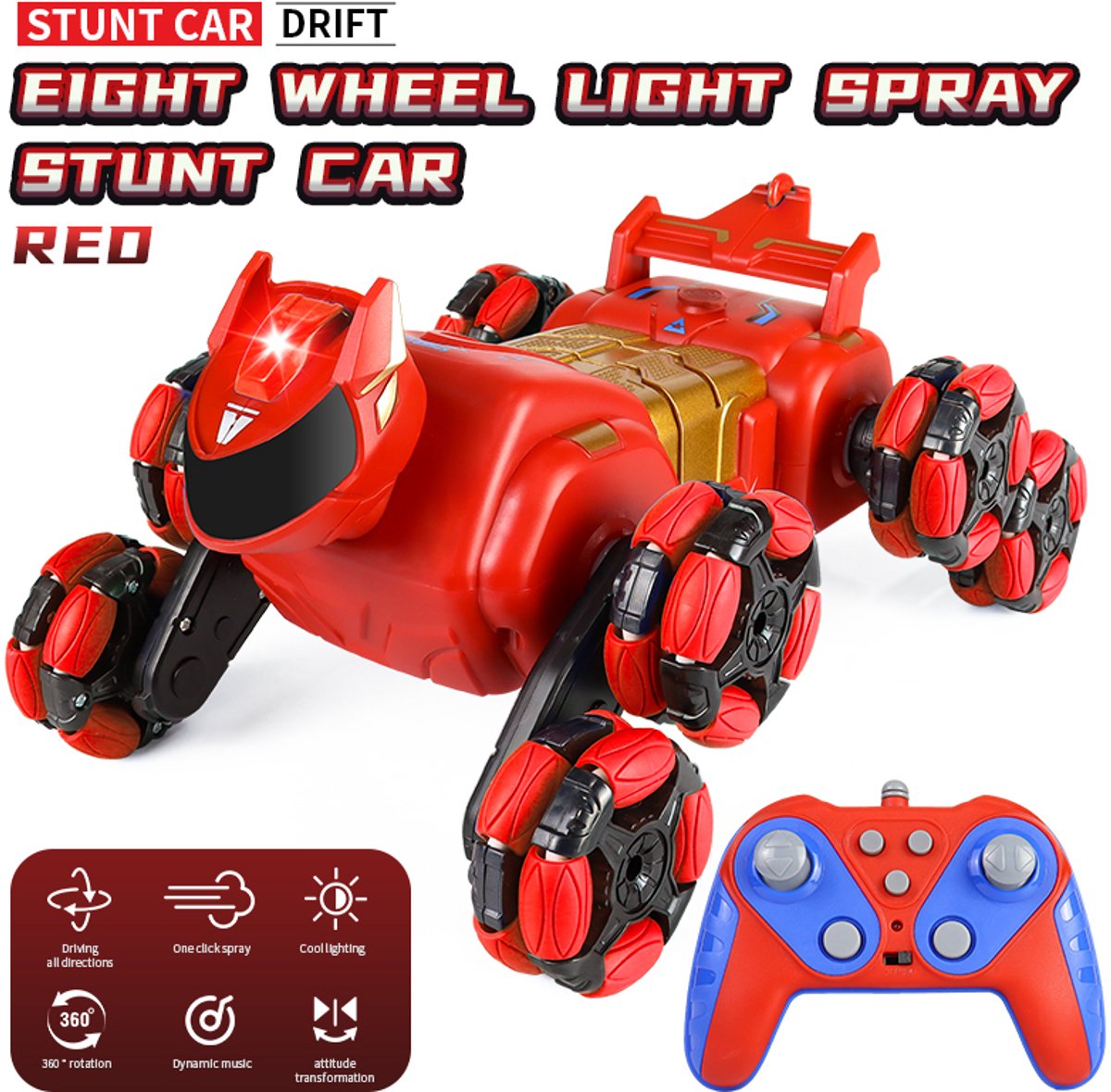 RC Stunt Auto met Rook & LED – 8 Wiel Drift Auto 360° Stunts – Bestuurbare Auto met Muziek & Afstandsbediening – Speelgoed Kinderen