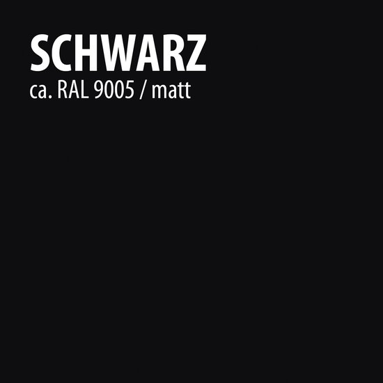 Zwarte achtergrond met de tekst 'SCHWARZ ca. RAL 9005 / matt'.