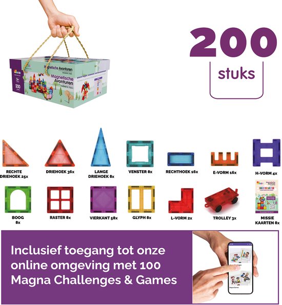 De doos toont magnetische bouwtegels in diverse vormen en kleuren, met 'Magnetische Avonturen' en '200 stuks'.