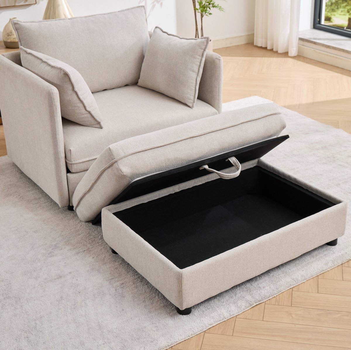 REDOM - Fauteuil met armleuningen - Modulaire opstelling - Hocker met opbergruimte - Velvet - Beige - 149 x 103,5 x 81 cm