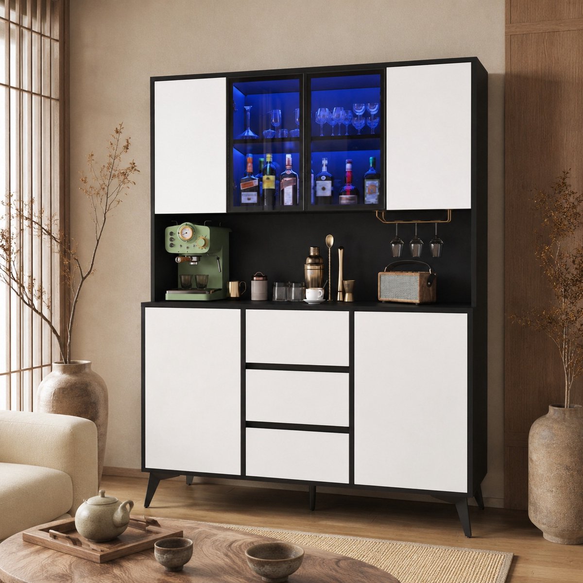DESMIU Vitrinekast - Glasfront Met Via Telefoonapp Regelbare LED-Verlichting - Keuken En Woonkamer - MDF - 120x40x160 Cm - Zwart-Wit