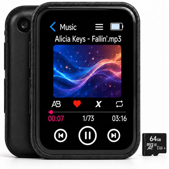 Zwarte MP3-speler met een 64GB micro SD-kaart ernaast. Het scherm toont muziek afspelen met albumhoes "Alicia Keys - Fallin'.mp3". Achterkant met camera.