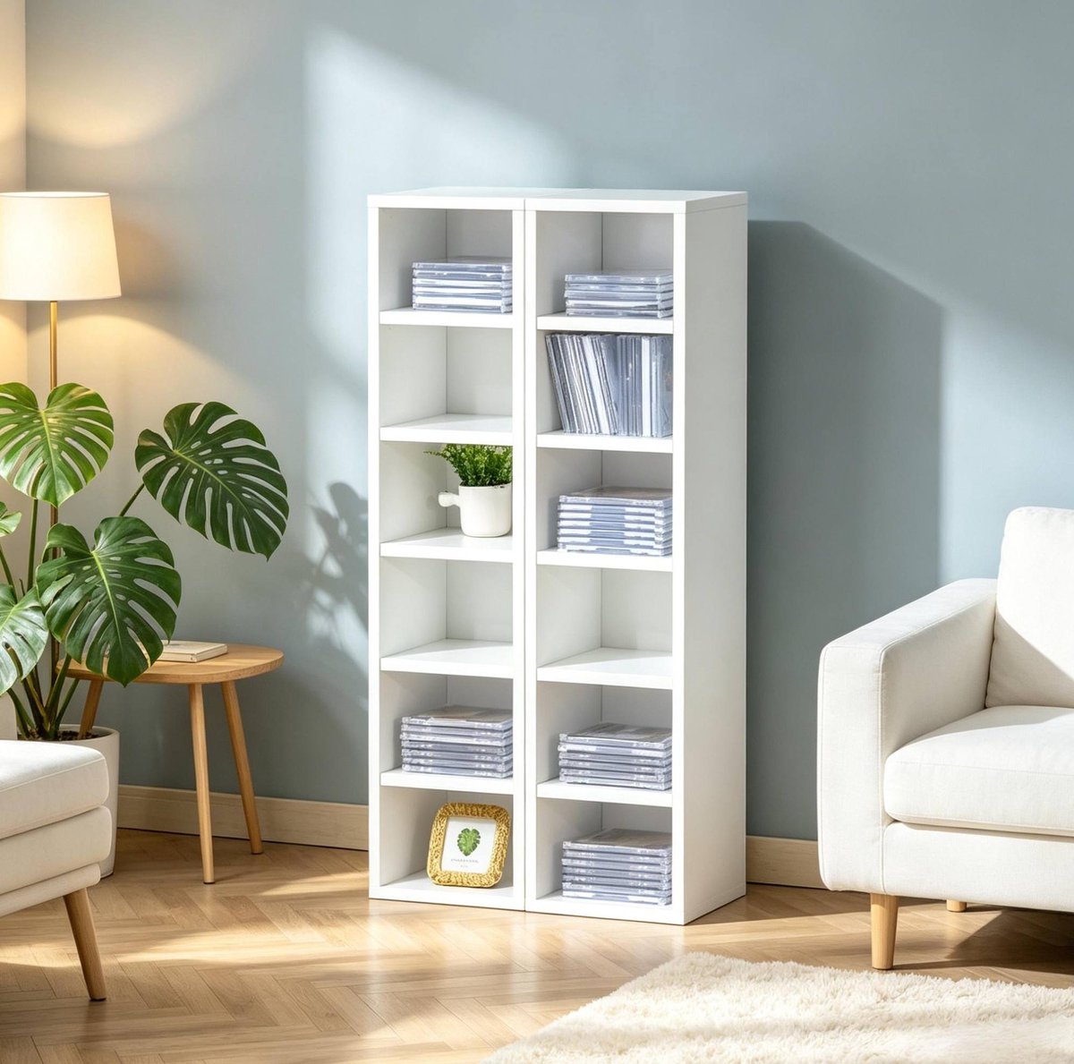 CD- en DVD-Opbergkast – Set van 2 – 21 x 19,2 x 88,3 cm – MDF en Spaanplaat – Wit – 12 Open Vakken