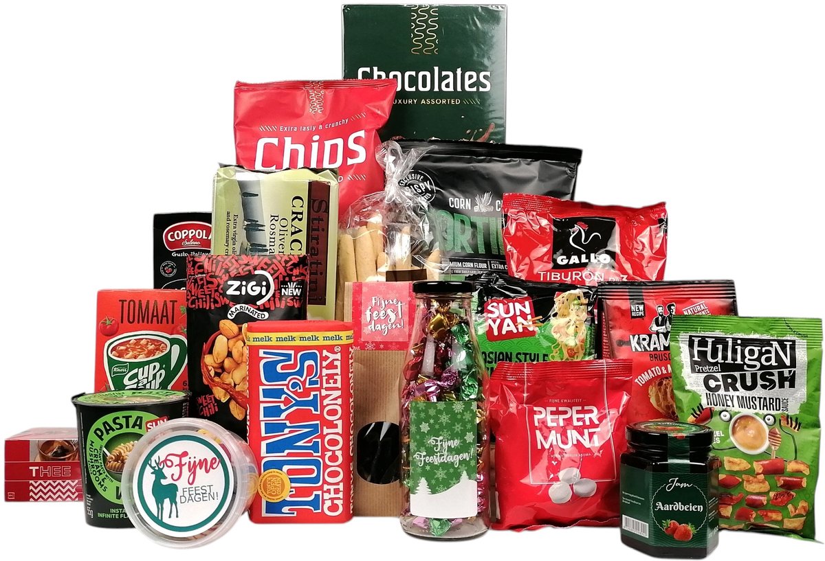 Feestelijk Kerstpakket "Classic Christmas Colors" - Kerstcadeau Rood & Groen - Grote Kerst Cadeaubox - Borrel & Diner Pakket met Toast, Pasta, Chips & Chocolade - Eindejaarsgeschenk Medewerkers & Relaties - 20-delig