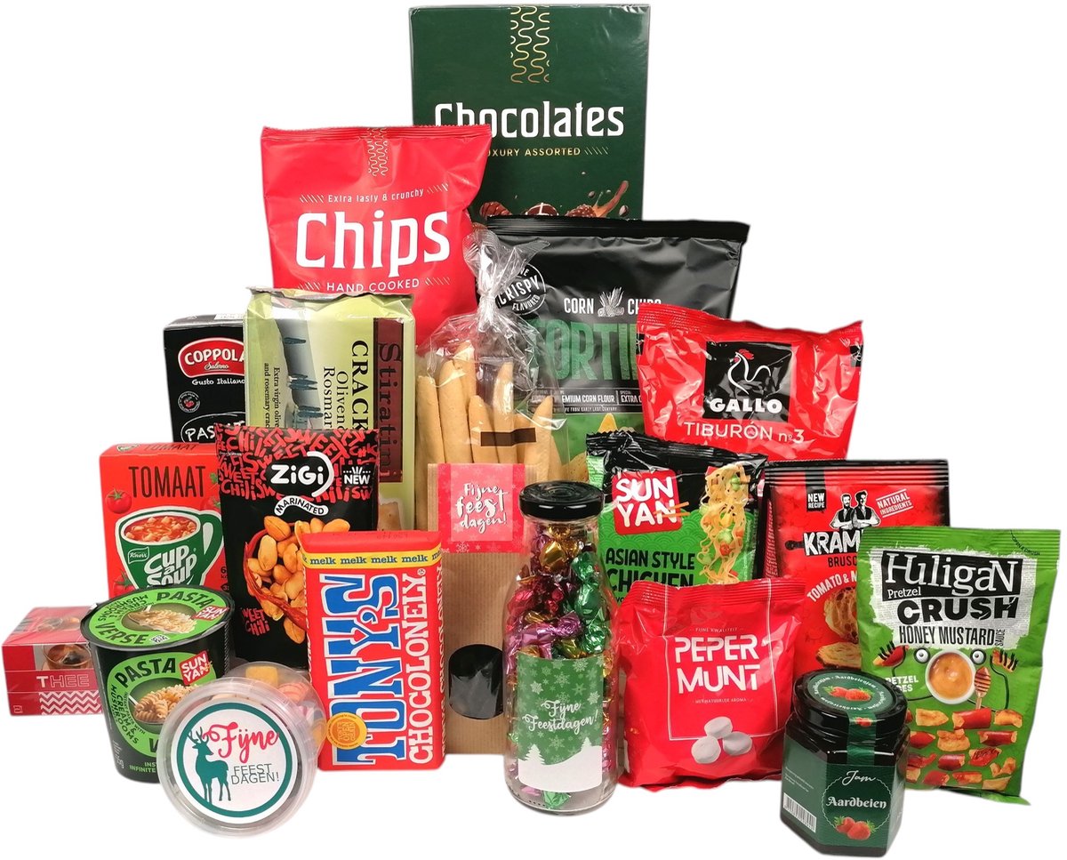 Feestelijk Kerstpakket "Classic Christmas Colors" - Kerstcadeau Rood & Groen - Grote Kerst Cadeaubox - Borrel & Diner Pakket met Toast, Pasta, Chips & Chocolade - Eindejaarsgeschenk Medewerkers & Relaties - 20-delig – foto 2