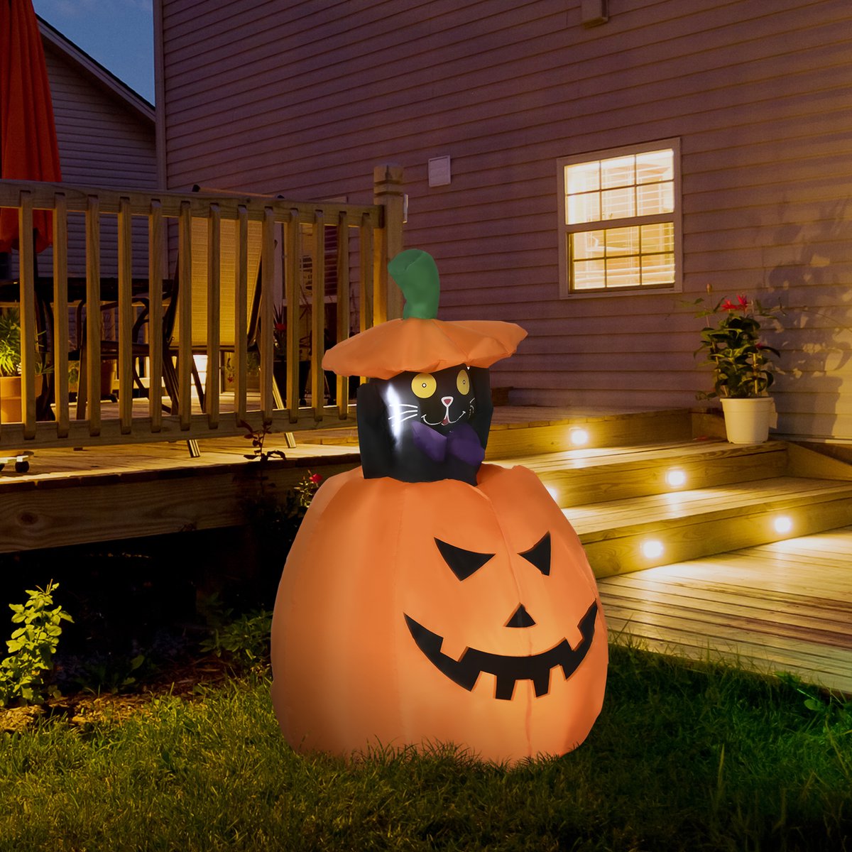 Opblaasbare halloween pompoen - Halloween decoratie buiten - Bewegende kat in pompoen - 76x64x115 cm - Zelfopblaasbaar - Tuin Oranje