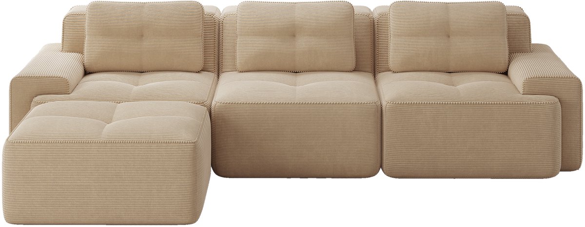 Merax L-vormige 3-zitsbank - modulaire bank met voetenbank - corduroy Cloud bank - voor de woonkamer - kant-en-klare bank - beige