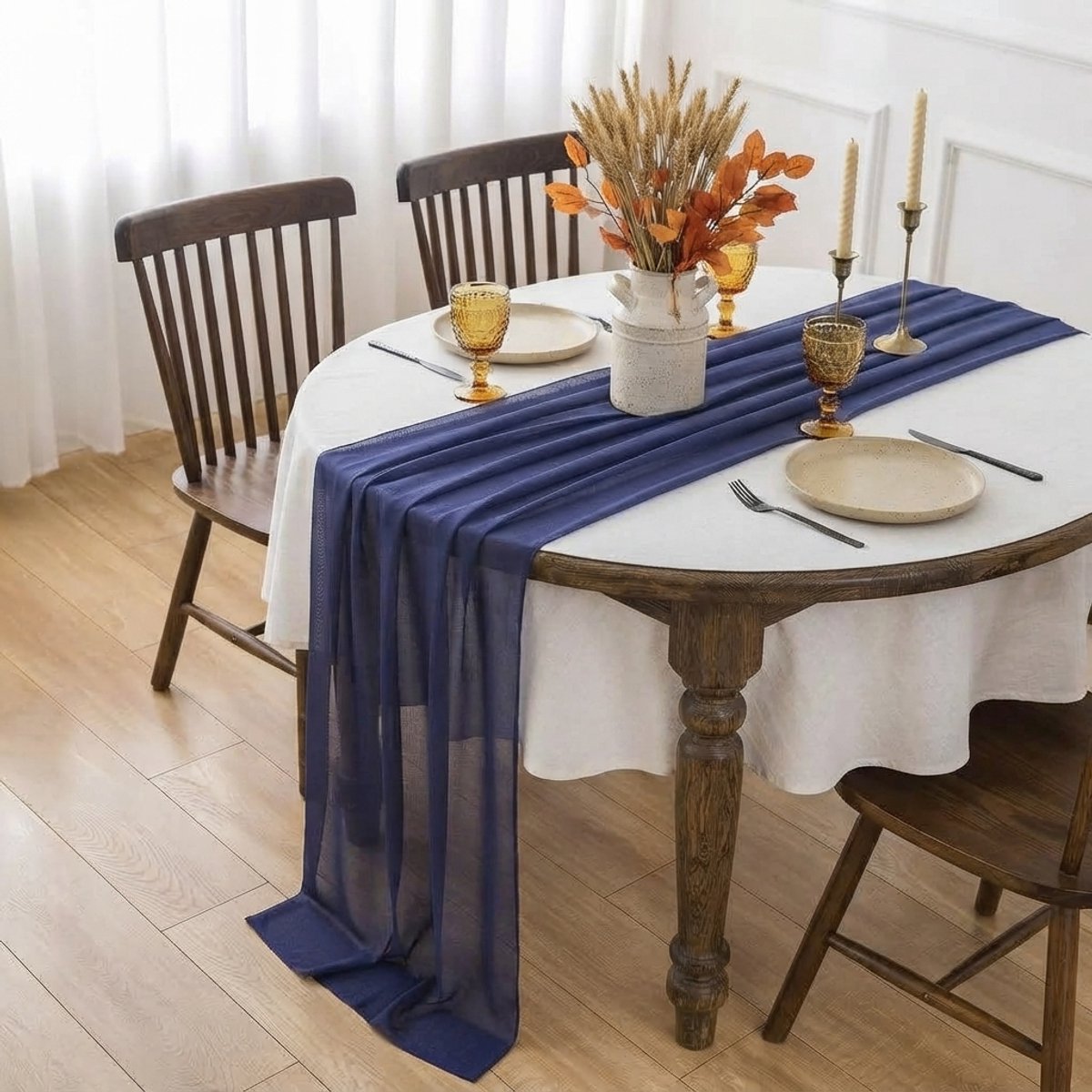 Livatto Chiffon tafelloper donkerblauw 75x300 cm - Organza tule stof voor tafeldecoratie