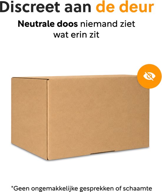 Bruine kartonnen doos, gesloten, voor discrete verzending.